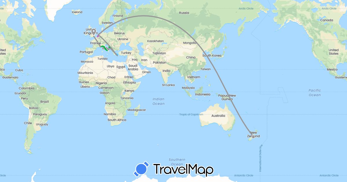 TravelMap itinerary: driving, bus, plane, train, boat in Belgium, France, United Kingdom, Greece, Croatia, Italy, Netherlands, New Zealand (Europe, Oceania)